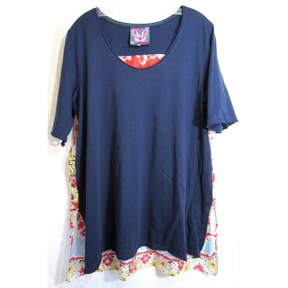 Johnny Was Blue Front Floral Silk Back Short Sleeve Shirt Size Large EUC